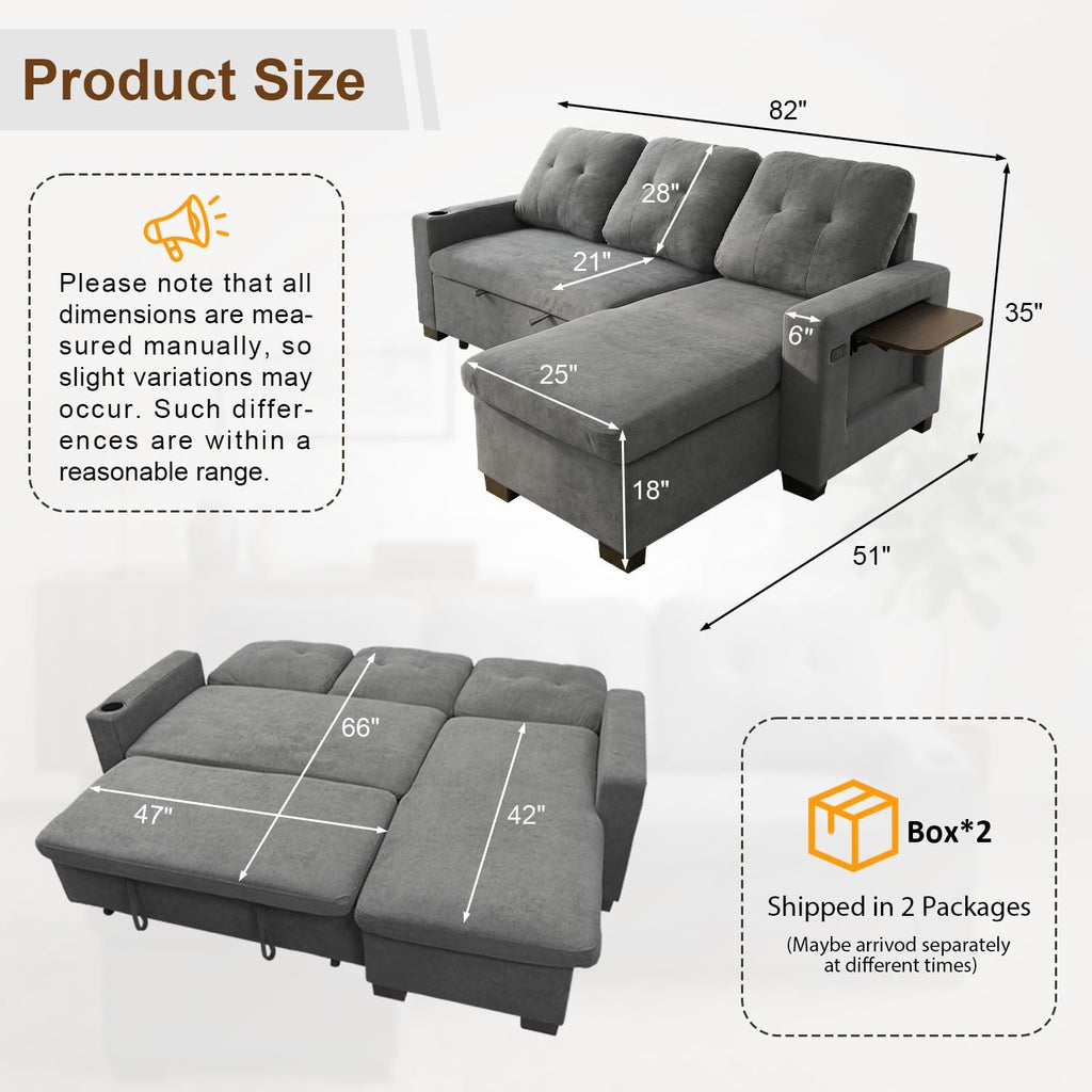 82" L Shaped Sleeper Sofa Bed, Pull Out Sectional Couch with Storage Chaise/Reclining Backrest, Sectional Couches for Living Room with USB Port, Foldable Table, Cup Holder, Side Pocket, Light Grey