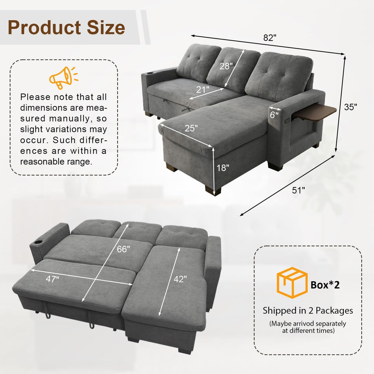 82" L Shaped Sleeper Sofa Bed, Pull Out Sectional Couch with Storage Chaise/Reclining Backrest, Sectional Couches for Living Room with USB Port, Foldable Table, Cup Holder, Side Pocket, Light Grey
