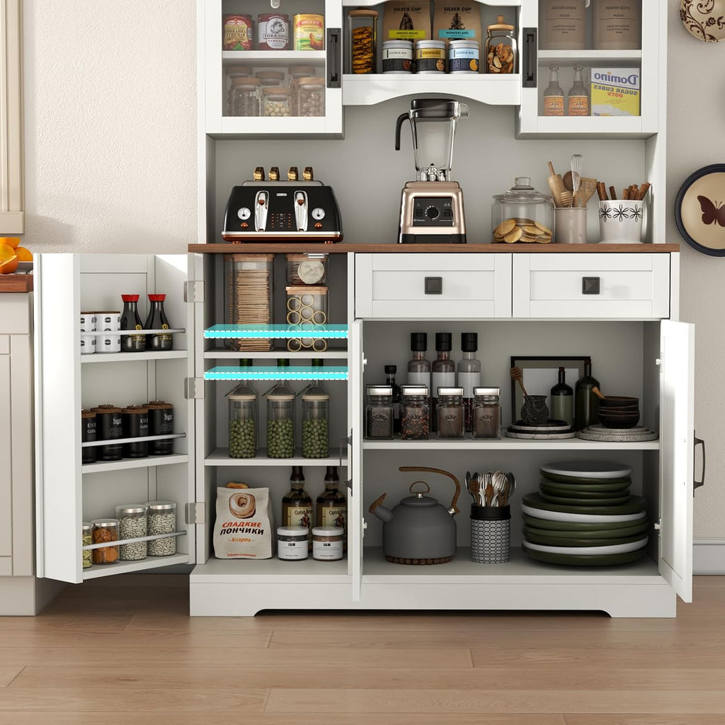 Loomie 60" Tall Farmhouse Pantry Cabinet, Kitchen Hutch with 2 Drawers, Kitchen Pantry Storage Cabinet with Adjustable Shelf and Microwave Stand, Food Pantry Cabinet for Living Room, Kitchen (White)