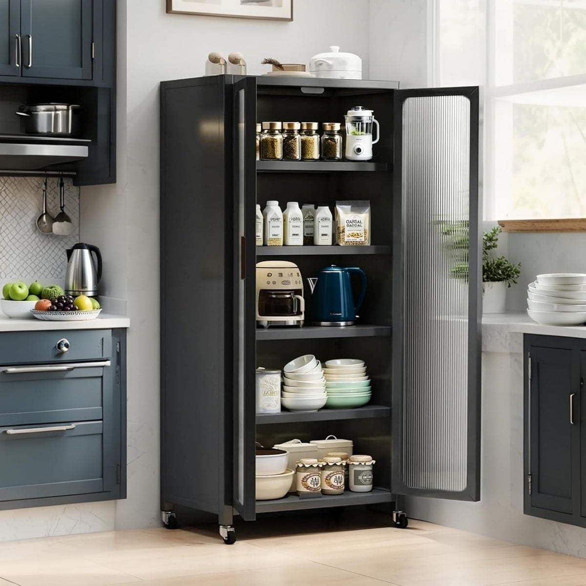 Spaco 65" Kitchen Pantry Storage Cabinet,5 Tiers Food Pantry Cabinet with Adjustable Shelves & Transparent Door,Metal Display Storage Cabinet on Wheels for Kitchen,Living Room and Dining Room. (Grey)