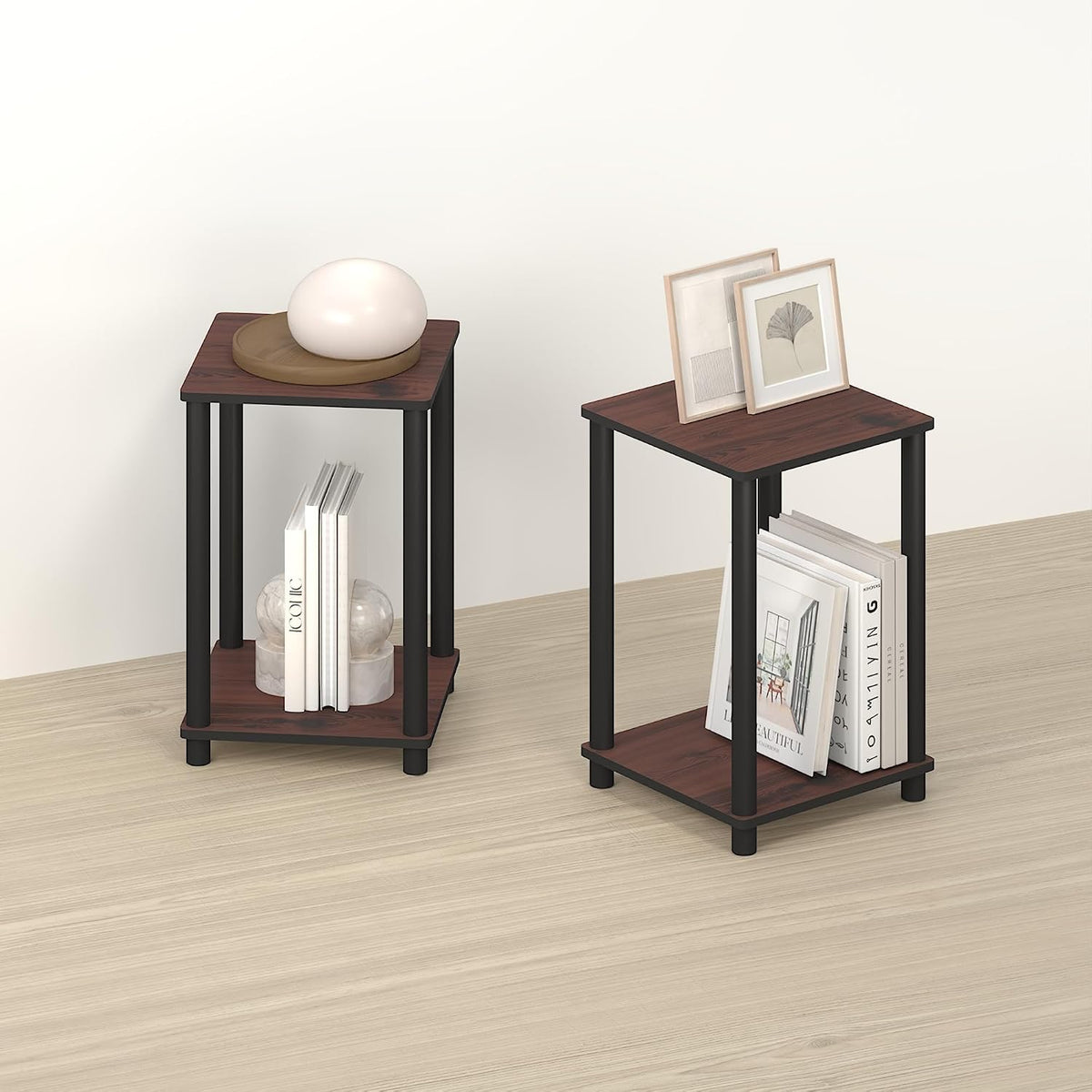 Handa 2-Tier Side Table, Set of 2 End Table, Night Stand, for Living Room, Bedroom, Dark Mahogany/Black