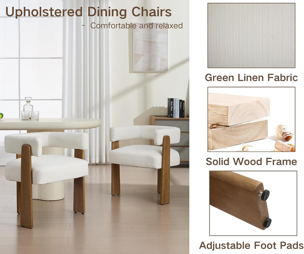 Shunzhi White Barrel Dining Chairs Set of 2 Modern Upholstered Dining Room Chairs with Arms/Open Back Farmhouse Wooden Linen Kitchen Chairs Comfy Accent Side Armchairs for Living Room