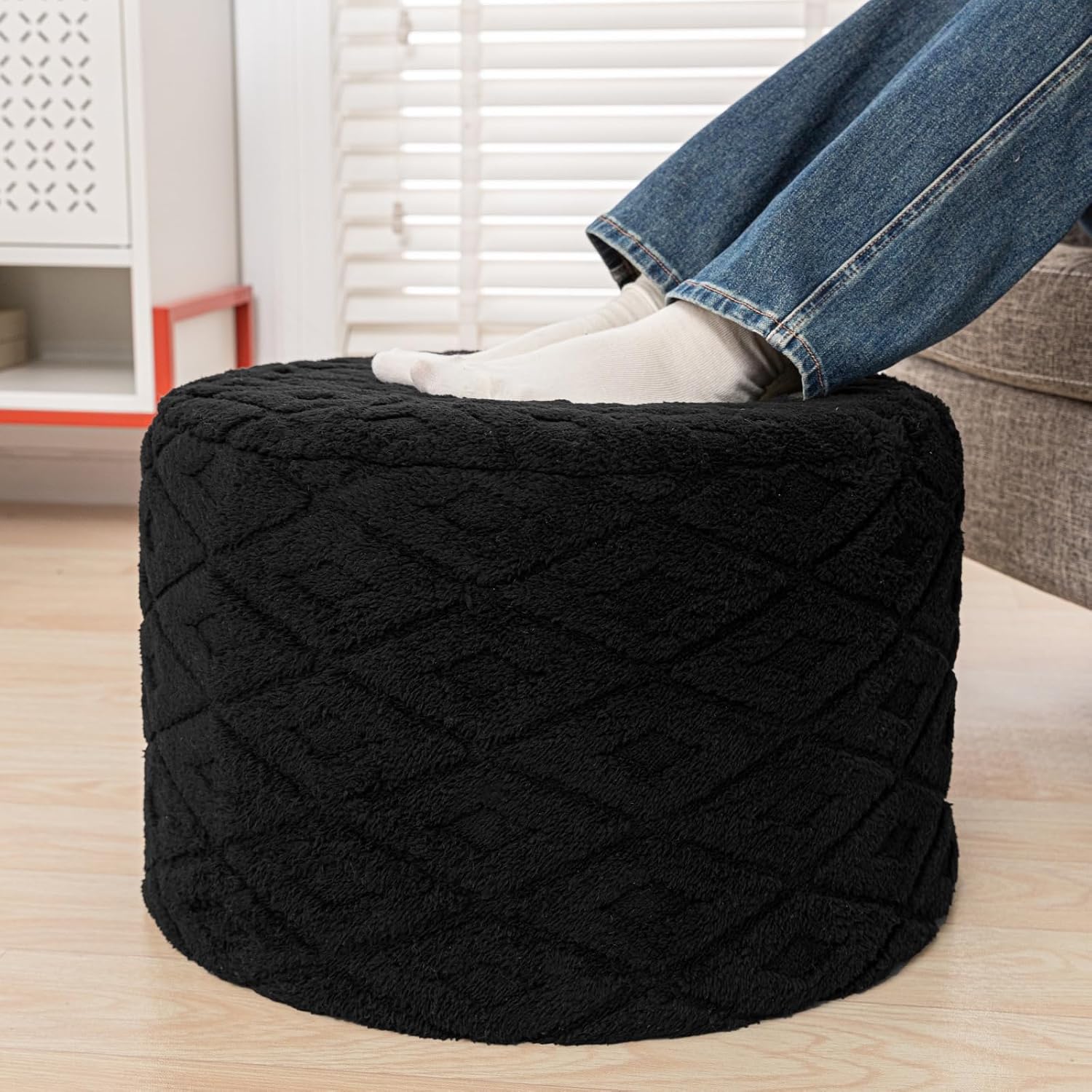 Round Ottoman Pouf,Foot Stools Ottoman,Foot Rest,Black,20x20x14In | All-in-One Foam Pouf,Ottoman Coffee Table,Couch Footrest,Footrest for Chair,Remov. Cover,Perfect for Living Room,Bedroom Dorm