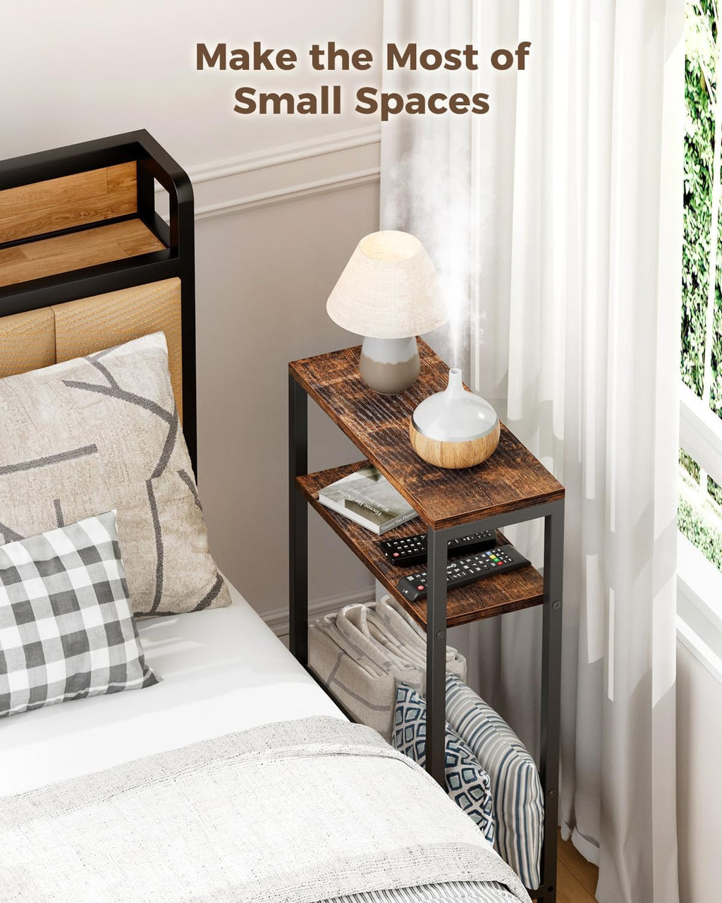 Karii Narrow Side Table, Skinny End Table for Small Spaces with Storage, 3-Tier Slim Wooden Bedside Nightstand Thin Couch Table for Living Room Bedroom Office Dorm Kitchen Bathroom (1, Rustic Brown)