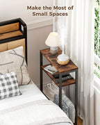 Karii Narrow Side Table, Skinny End Table for Small Spaces with Storage, 3-Tier Slim Wooden Bedside Nightstand Thin Couch Table for Living Room Bedroom Office Dorm Kitchen Bathroom (1, Rustic Brown)