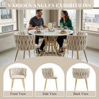 Modern Hand Weaving Dining Chairs Set of 2, Velvet Upholstered Dining Room Chairs with Gold Legs, Elegant Side Chair with Curved Backrest, Accent Chair for Dining Room, Kitchen (Ivory)