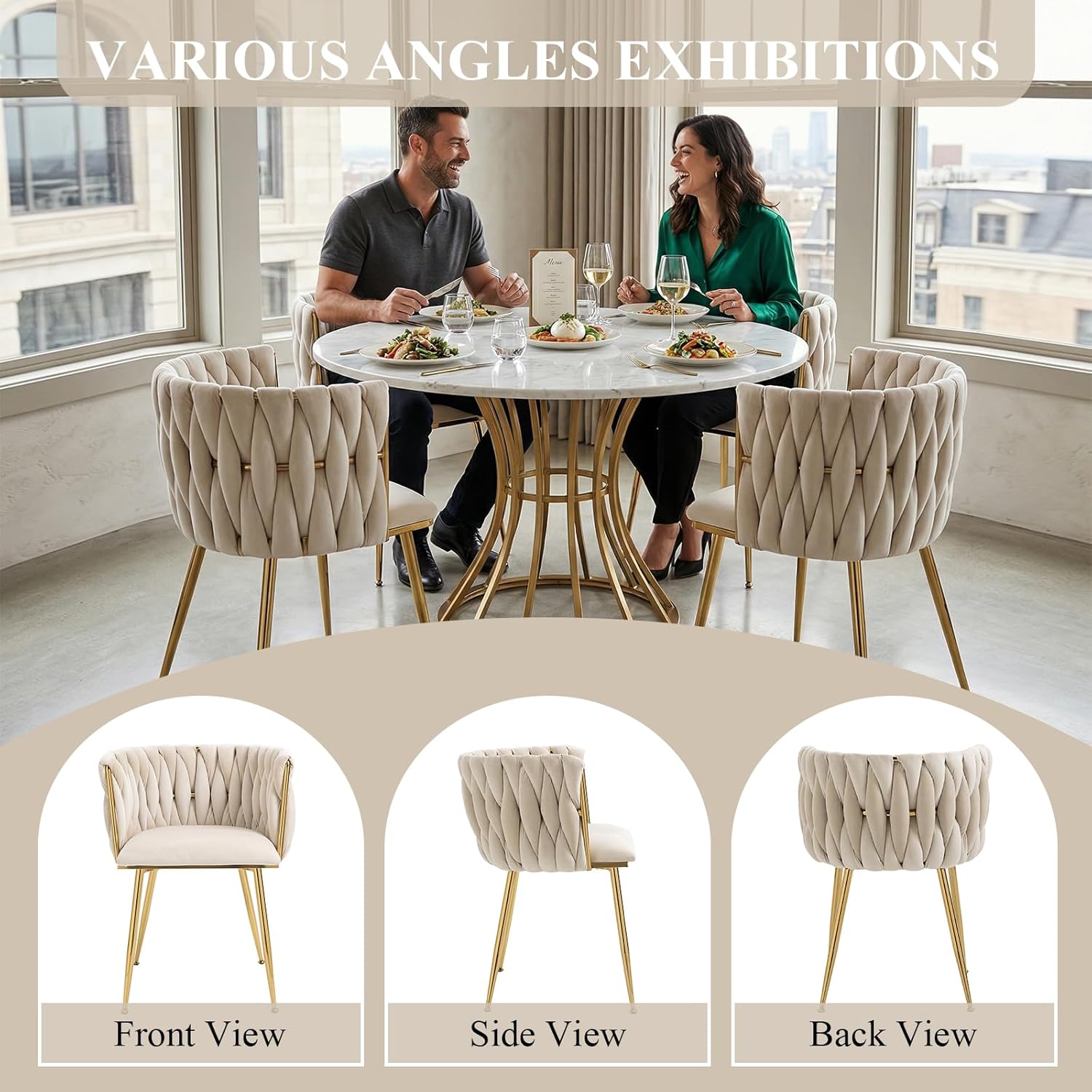 Modern Hand Weaving Dining Chairs Set of 2, Velvet Upholstered Dining Room Chairs with Gold Legs, Elegant Side Chair with Curved Backrest, Accent Chair for Dining Room, Kitchen (Ivory)