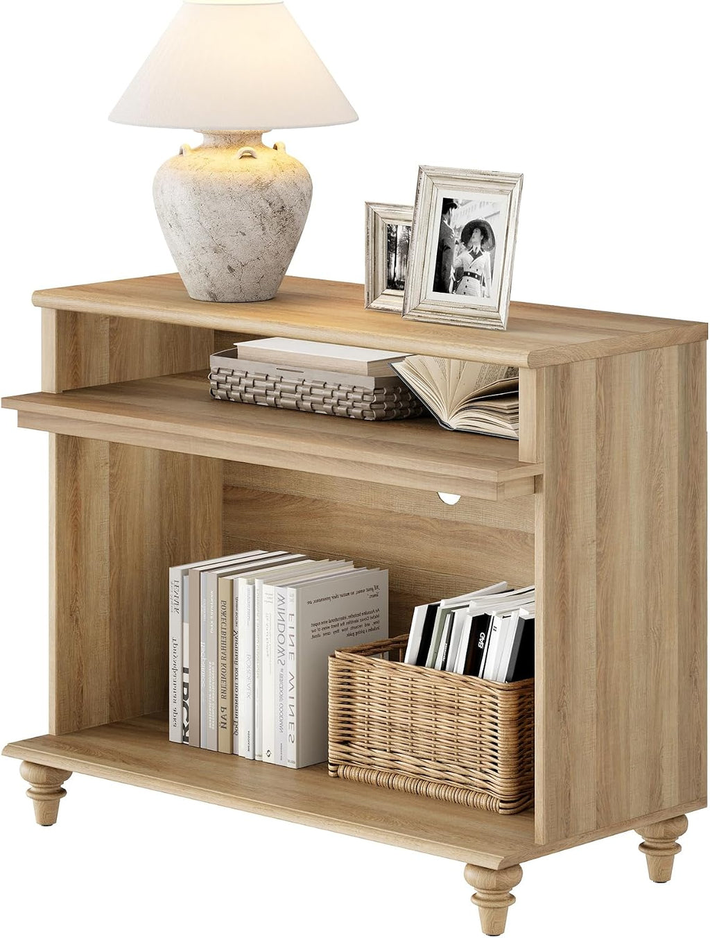 WAMPAT Tall Side Table, Large End Table with 2 Storages for Living Room, Farmhouse TV Stand with Storage Shelf, Oak, 37"