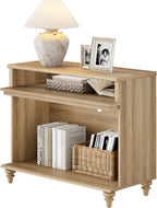 WAMPAT Tall Side Table, Large End Table with 2 Storages for Living Room, Farmhouse TV Stand with Storage Shelf, Oak, 37"