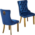 Velvet Dining Chairs Set of 2,Fabric Upholstered Side Chairs with Lion Head Ring Pull & Bronze Nailhead Trim,Luxury Side Chair with Golden Wood Legs for Kitchen (Velvet Blue, Set of 2)