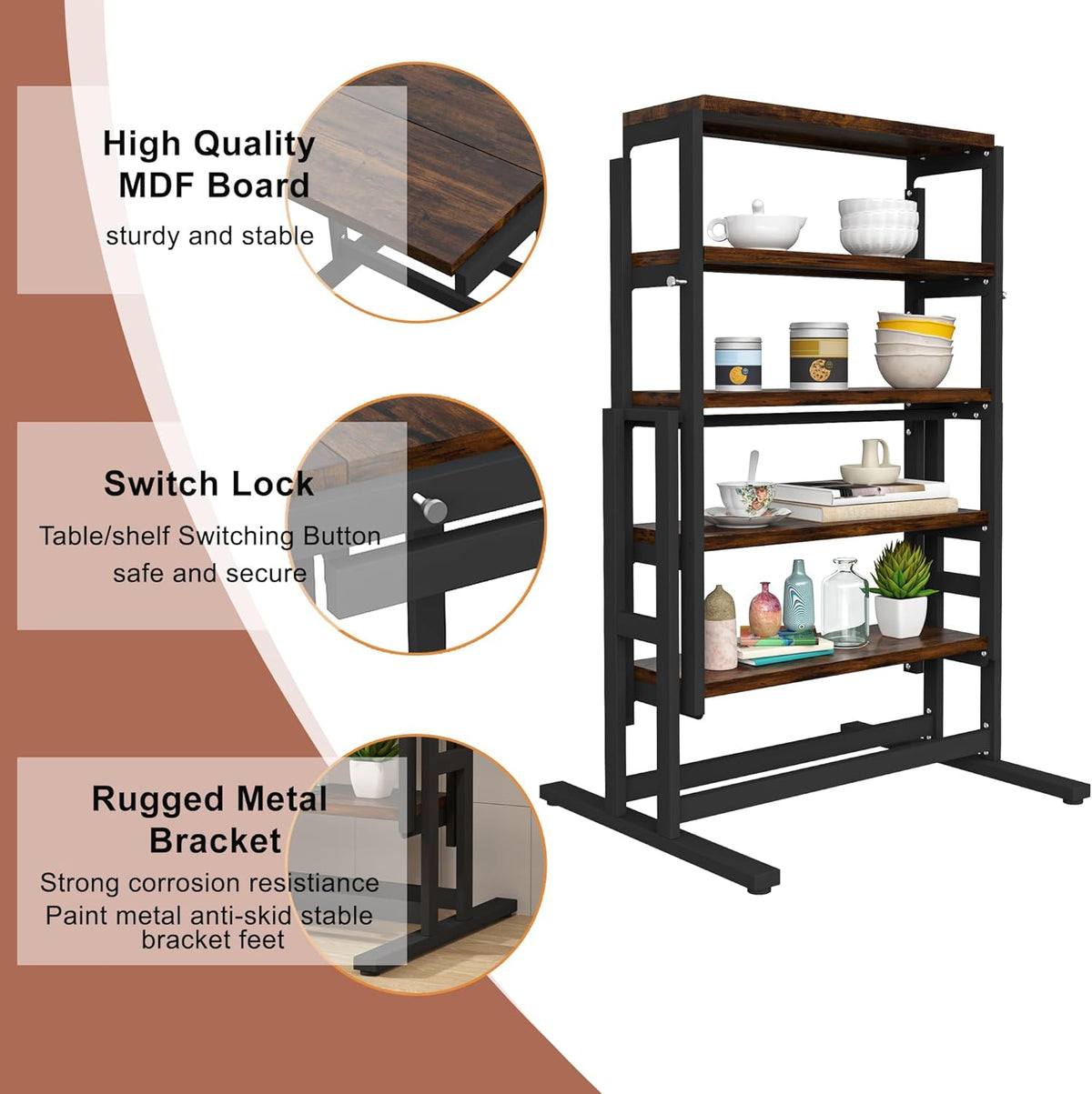 Convertible Dining Table, Multipurpose Mahogany Storage Shelf, 2 in 1 Bookshelf to Kitchen Table, Space Saving Transformer Shelf Table for Dining Room, Living Room (Rustic Brown, 47.2 Inch)