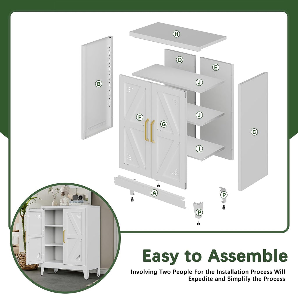 32" Metal Bathroom Storage Cabinet,Floor Storage Cabinet with 2 Doors and 2 Adjustable Shelves,Freestanding Sideboard for Small Spaces, Hallway, Dining Room,White