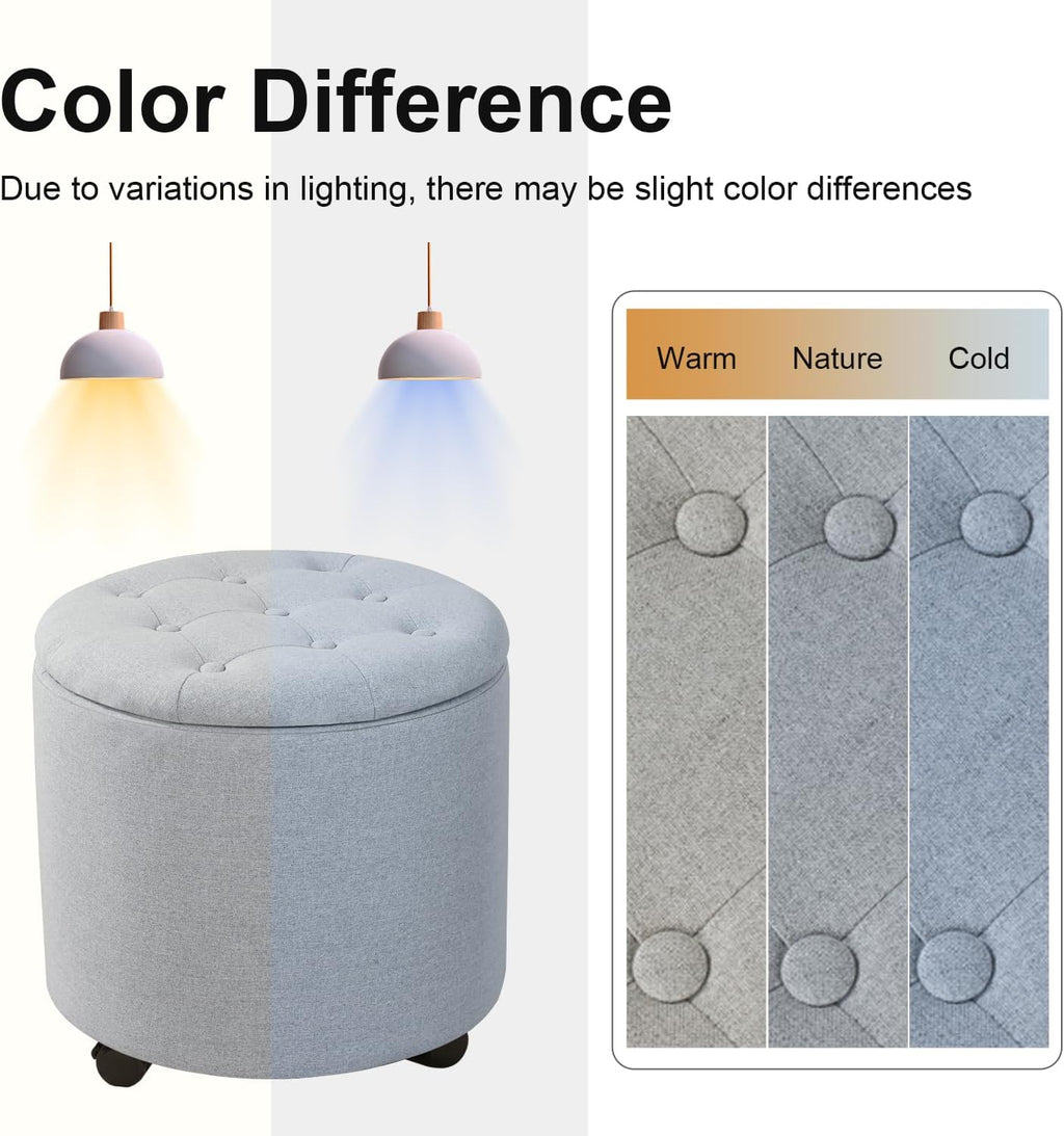 Adeco Round Storage Ottoman with Wheels, Tufted Linen Upholstered Rolling Footstool & Foot Rest for Living Room, Bedroom, Light Gray, 17.3 Inch