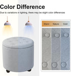 Adeco Round Storage Ottoman with Wheels, Tufted Linen Upholstered Rolling Footstool & Foot Rest for Living Room, Bedroom, Light Gray, 17.3 Inch