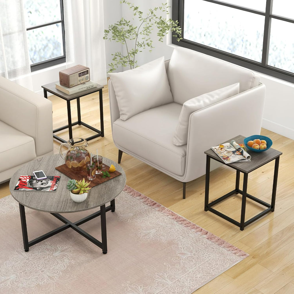 COSTWAY Coffee Table Set of 3, Wood Grain Round Coffee Table and 2 Square End Side Tables with Metal Frame, Modern 3-Piece Living Room Tables Set for Small Space, Apartment (Gray & Black)