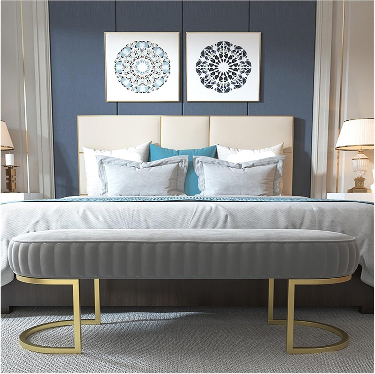 Modern Elegant Velvet Entryway Bench, Upholstered Tufted Bedroom End of Bed Ottoman with Gold Legs, for Living Room Foyer Entryway(Blue,120 * 40 * 45cm)