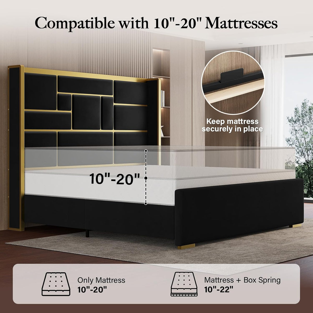 Queen Bed Frame with 55.12" Tall Headboard, Black and Gold