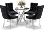 Modern Silver Round Glass Dining Table Set for 2, 36'' Luxury Minimalist Circle Dinette Room Set, 3 PCS Clear Circular Glass Top Kitchen Set, Black High-end Tufted Chairs, for Small Place