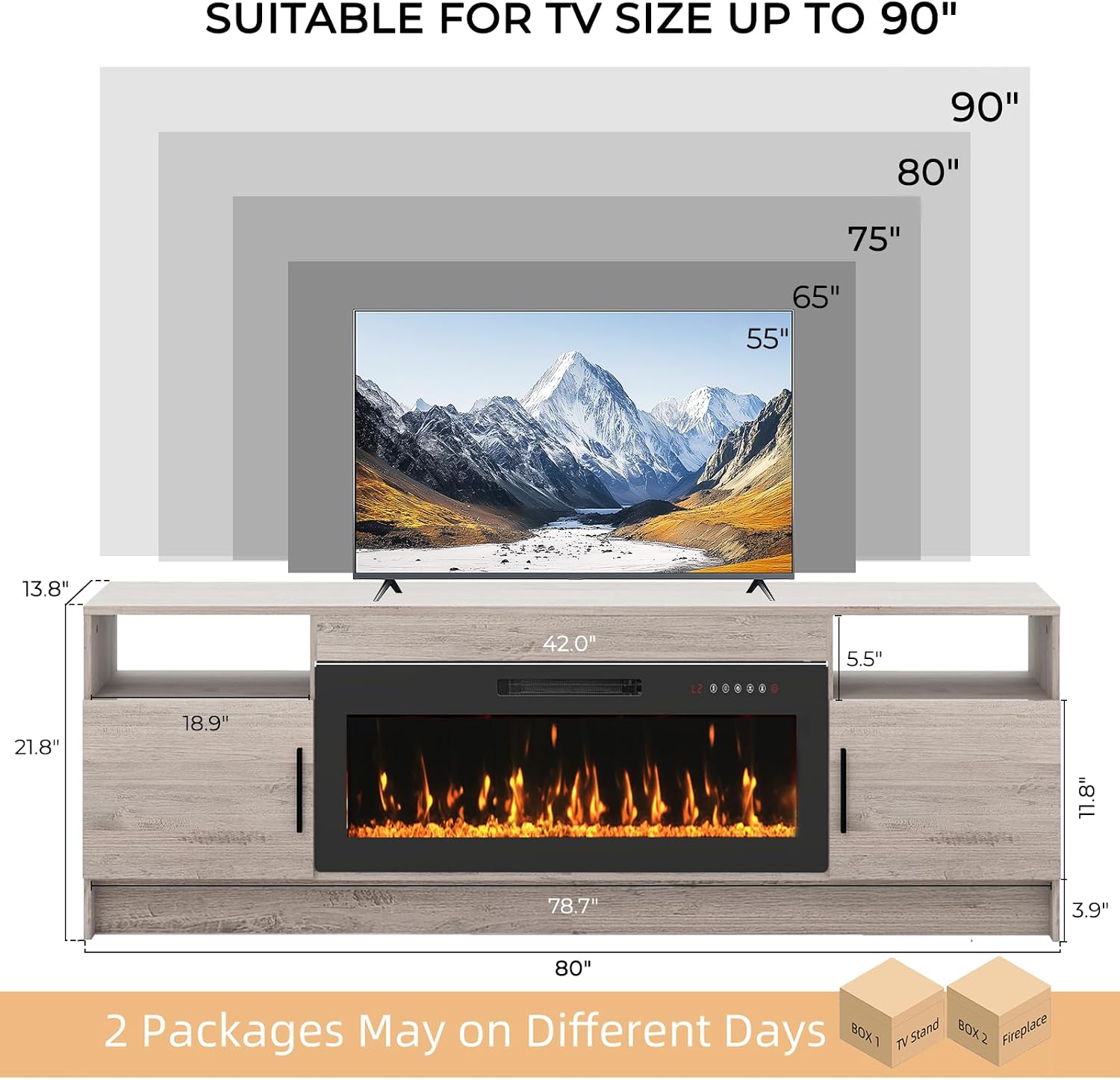 Kucreiheat Electric Fireplace TV Stand with Led Lights-42 Fireplace Entertainment Center for Up to 90 inch TV-Modern TV Console for Living Room with Storage Cabinet, Oak Grey