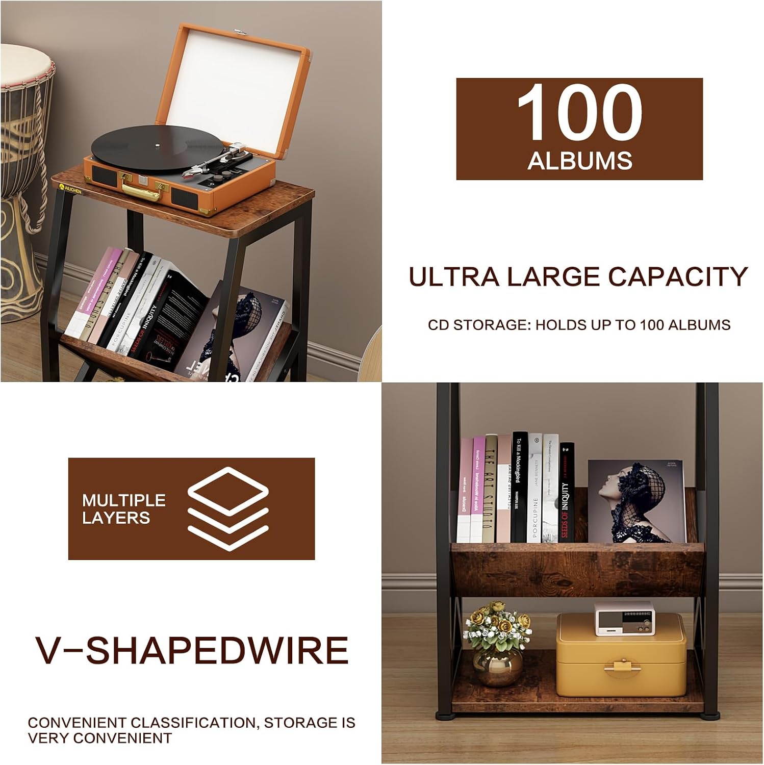 MULKHOME 3-Tier Accent End Table with Magazine Holder Shelf, Metal Frame, Scratch-Resistant Top, Small Bookcase, Sofa Side Table for Living Room, Bedroom,Side Table with Book Storage