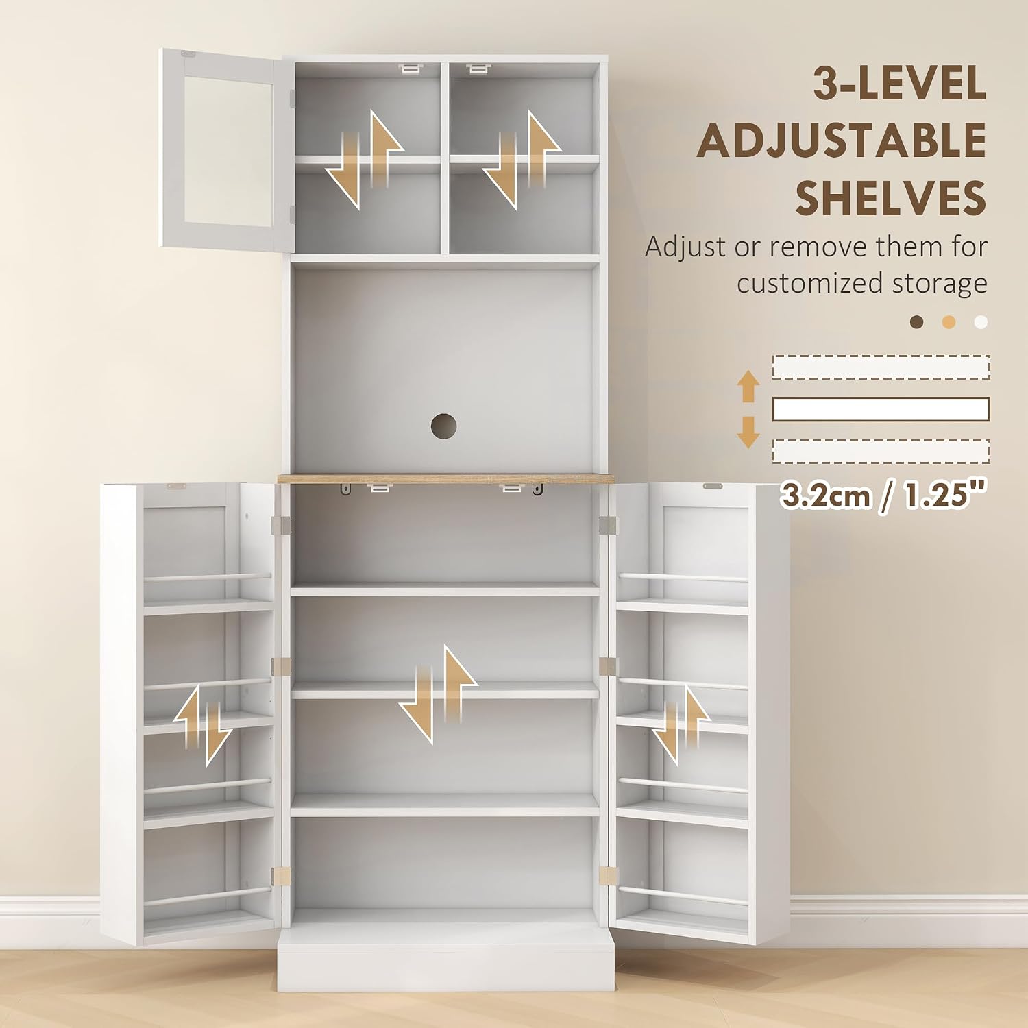 66.5" Pantry Cabinet with Microwave Stand,Freestanding Kitchen Storage Cabinet with Hutch,8 Door Shelves,Adjustable Shelves,for Dining Room,White