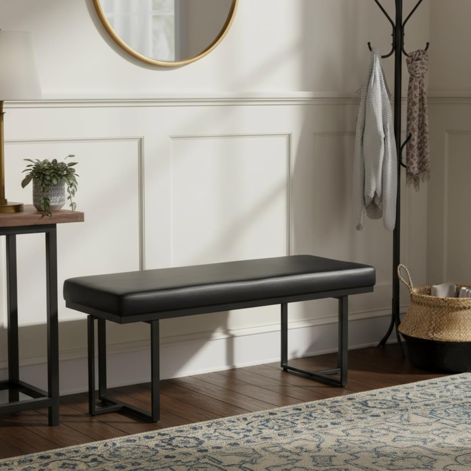 Hyfirm 45" Faux Leather Entryway Bench, Upholstered End of Bed Bench Ottoman for Bedroom Window Bench Dining Bench with Metal Legs for Living Room Dining Room, Black
