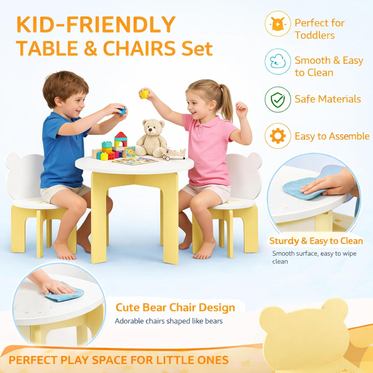 3-Piece Table & Chair Set, Cute Bear-Back Chairs | Ages 3-8 Boys & Girls | Solid Wood Legs | Safe Rounded Corners | Playroom,Daycare, Classroom,Home Activity