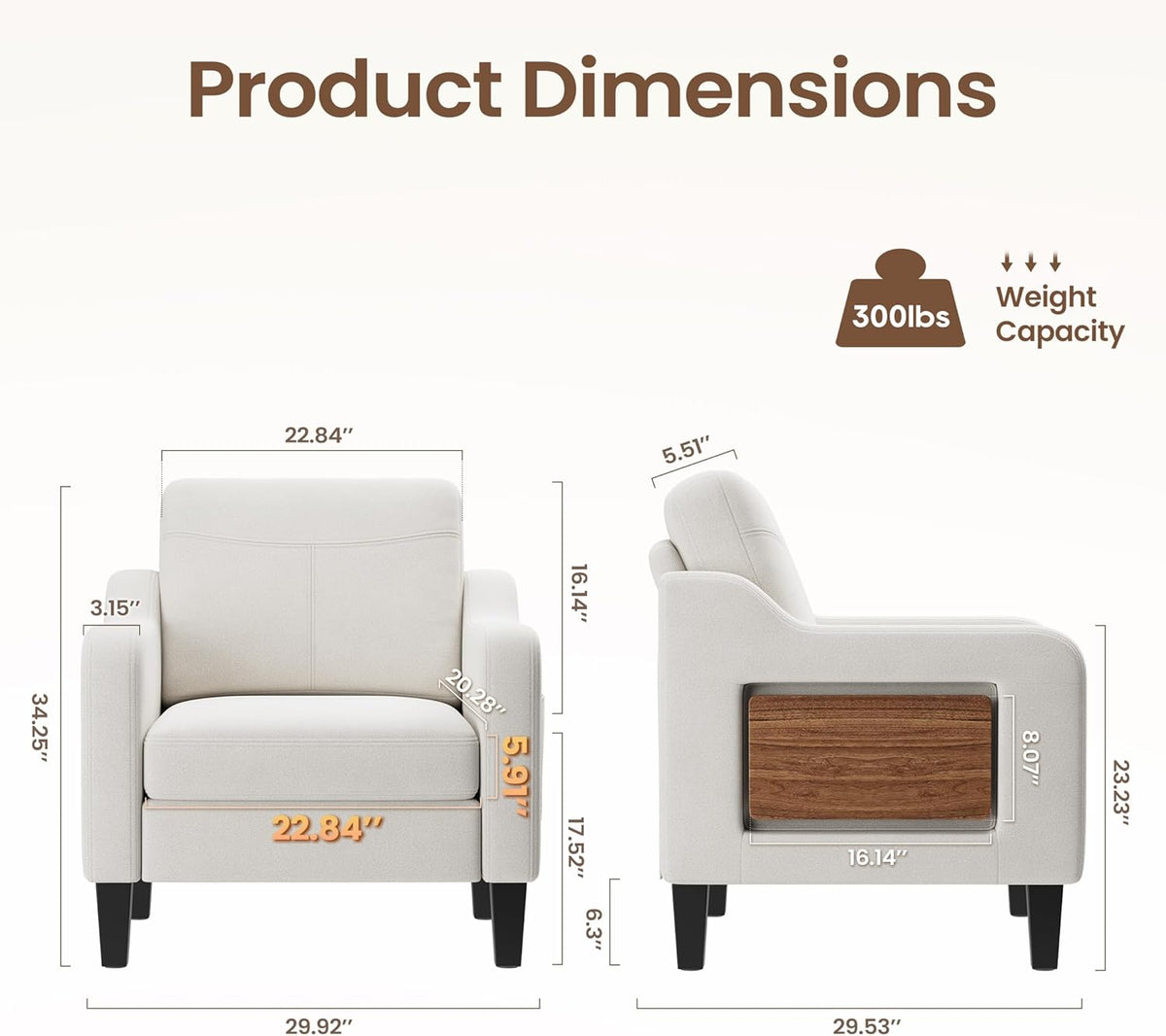 Upholstered Accent Chair with Foldable Side Table for Living Room | 2 Side Pockets, Modern Linen Armchair Wooden Fabric Chairs for Living Room, Comfy Reading for Bedroom/Office