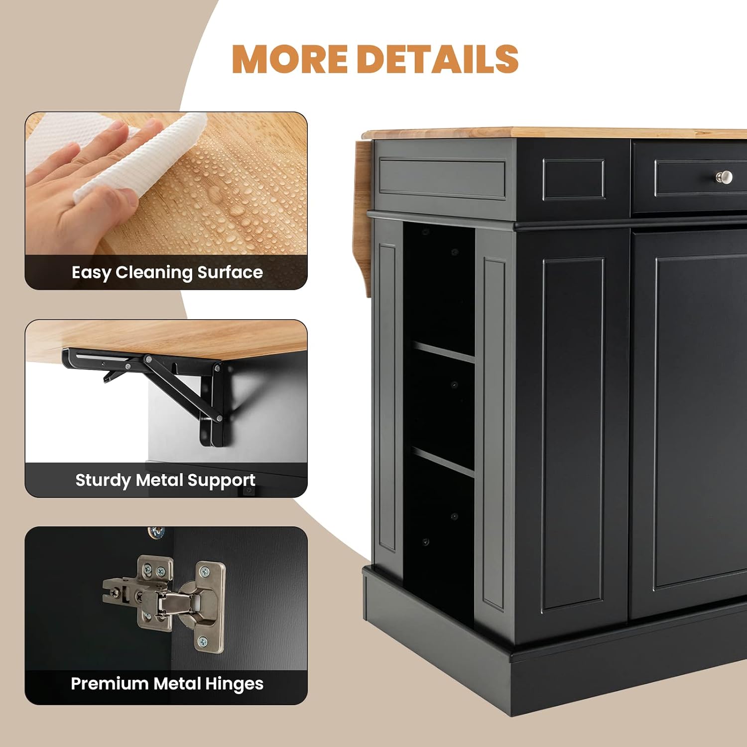 TANGZON Large Kitchen Island, Kitchen Sideboard with Extendable Rubber Wood Worktop, Drawers, Adjustable Shelves & Side Racks, Living Dining Room Cabinet Cupboard (Black Body)