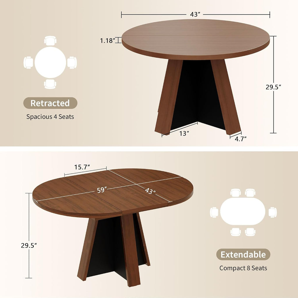 iPormis 43.3in-59in Extendable Round Dining Table for 4-6, Modern Wooden Kitchen Table for Dining Room, Adjustable Size Oval Circle Dinner Tables Furniture for Kitchen Living Room, Walnut Brown
