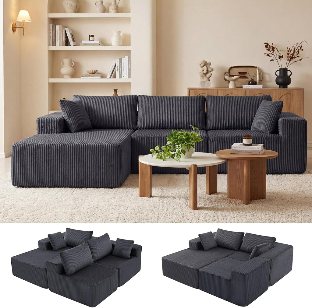 DUMOS 105" L-Shaped Sectional Couch, Left Facing Chaise | Upholstered Corduroy Sofa with 55.7'' Deep Seat for Living Room, Small Apartment, No Assembly in a Box, Grey