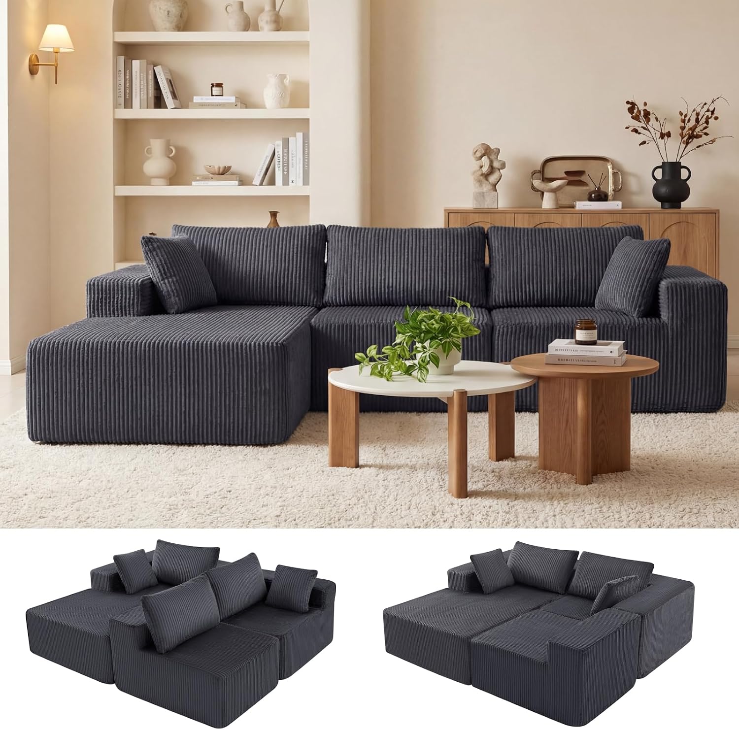 DUMOS 105" L-Shaped Sectional Couch, Left Facing Chaise | Upholstered Corduroy Sofa with 55.7'' Deep Seat for Living Room, Small Apartment, No Assembly in a Box, Grey