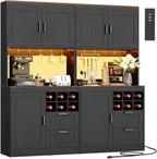 Unikito 72" Tall Pantry Cabinet, Kitchen Pantry Storage Cabinet with LED Light & Outlet, 63" Wide Kitchen Hutch Bar with Microwave Stand, Drawers, Wine Rack & Shelves for Dining Room, Black and Rustic