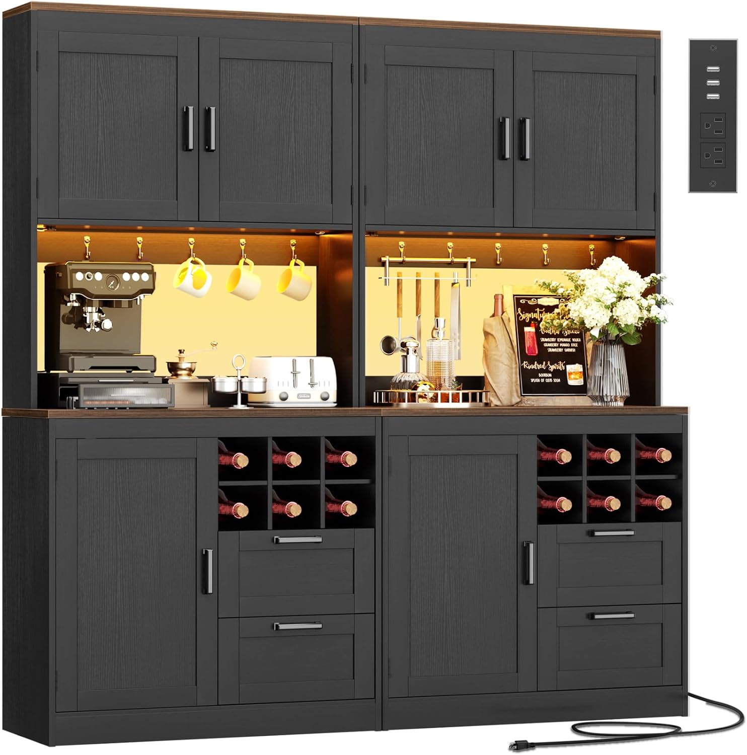 Unikito 72" Tall Pantry Cabinet, Kitchen Pantry Storage Cabinet with LED Light & Outlet, 63" Wide Kitchen Hutch Bar with Microwave Stand, Drawers, Wine Rack & Shelves for Dining Room, Black and Rustic