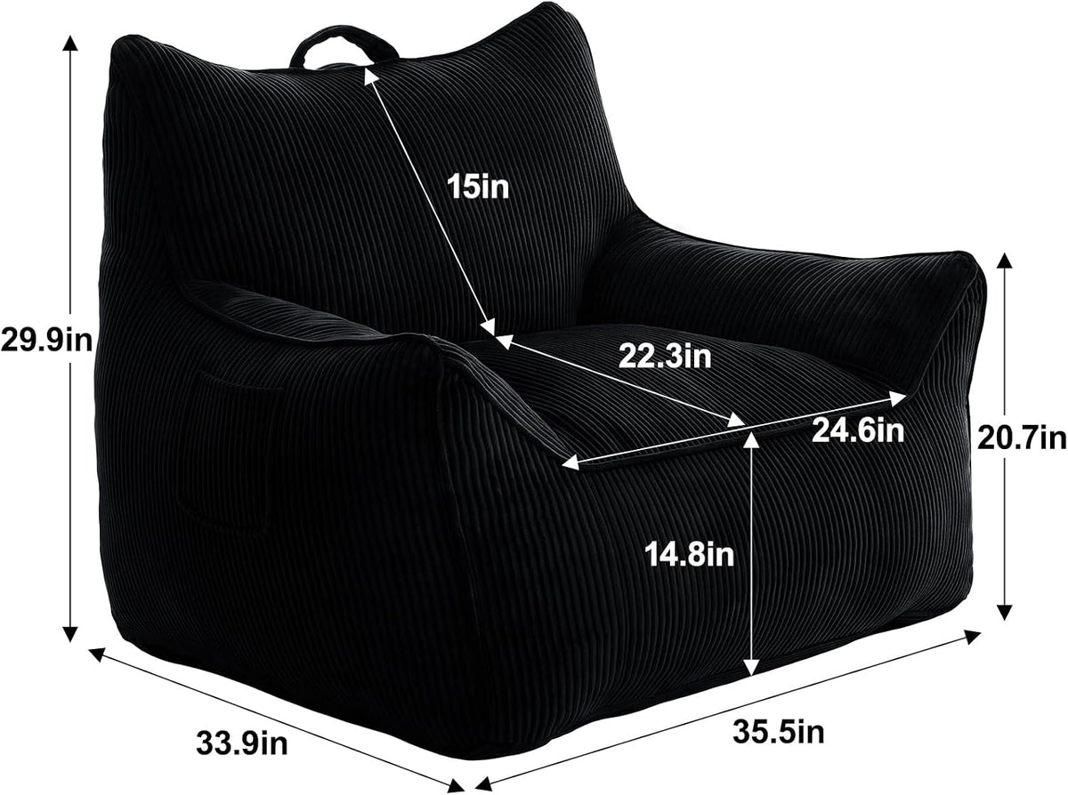 Vipbear Bean Bag Chair for Adults, Chair with Memory Foam | 35.5" Corduroy Beanbag Washable, Cozy Fluffy Chair with Pocket & Handle, Ergonomic Bedroom Sofa Chair for Gaming, Reading