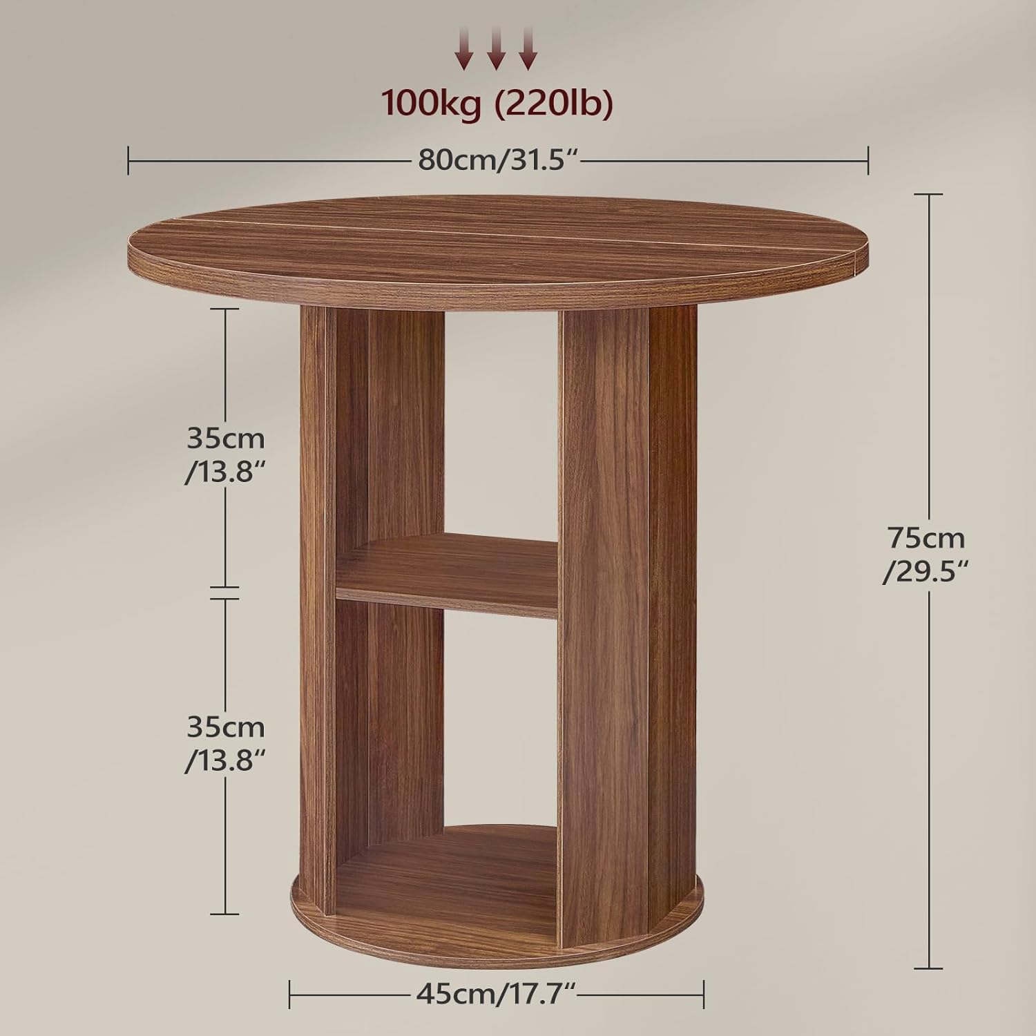 MAHANCRIS 31.5" Round Dining Table with Storage Shelf for 2-3, Circle Kitchen Dinner Table with Thick Tabletop, for Small Spaces, Circle Nook Table for Kitchen & Dining Room, Walnut DTWA8501