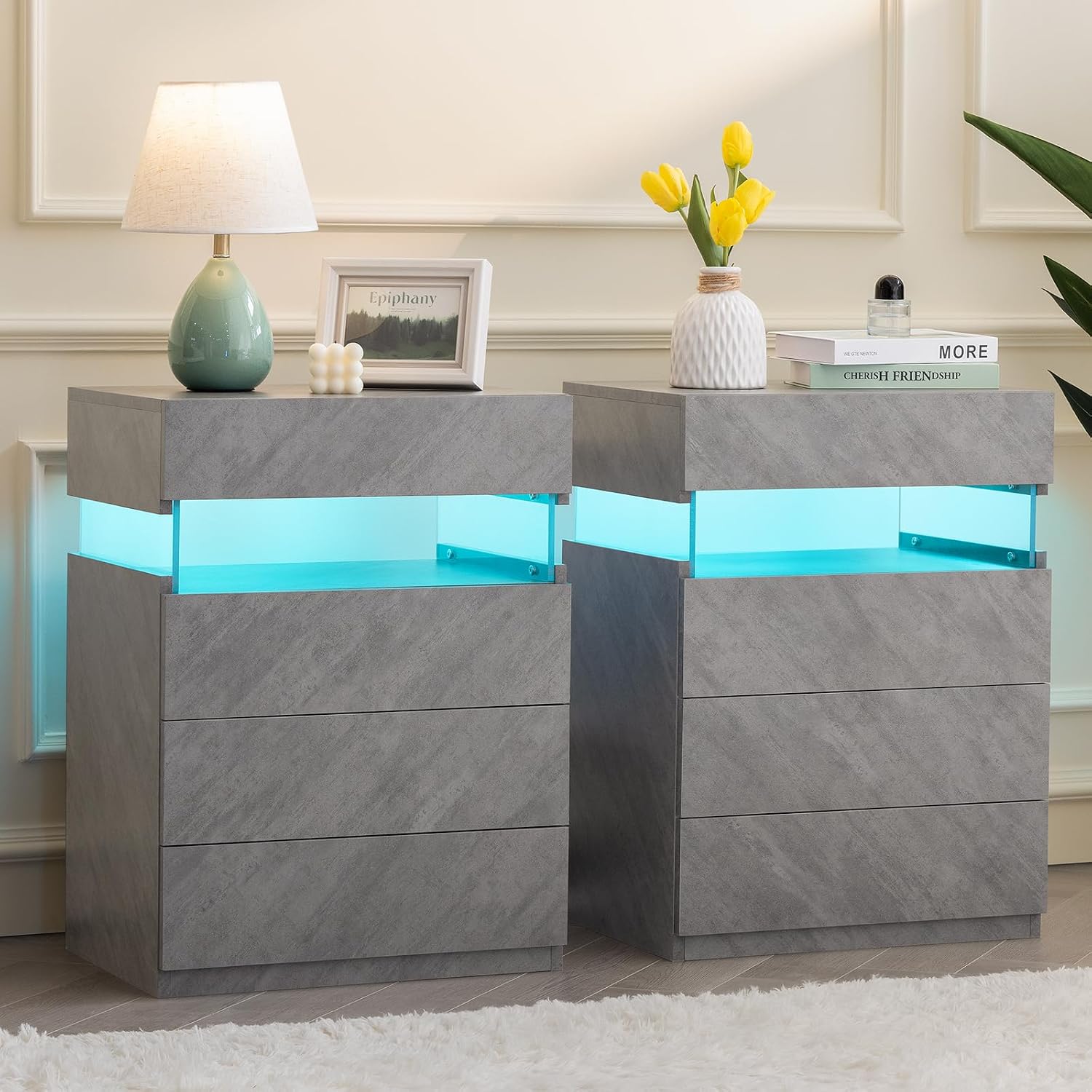 Bingoday Gray LED Night Stand Set 2 with 4 Drawers Modern Bedside Table | Nightstands with App-Controlled Adjustable LED Lights, Night Stand with Storage Shelf ,Modern Bedside Table for Bedroom