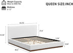Christopher Knight Home Bettine Modern Boucle Queen Size Bed Frame with Headboard, Solid Wood Queen Bed Frame, Slat Panel Support Platform Bed, No Spring Box Needed, Heavy Duty, White+Brown