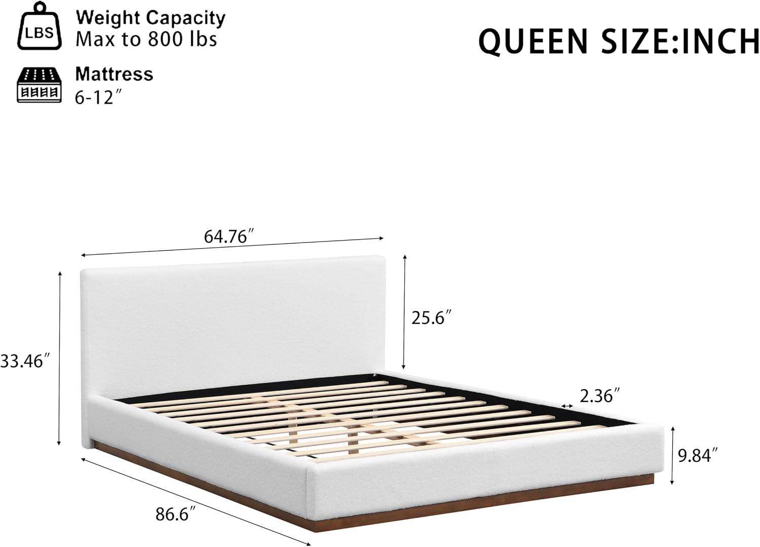 Christopher Knight Home Bettine Modern Boucle Queen Size Bed Frame with Headboard, Solid Wood Queen Bed Frame, Slat Panel Support Platform Bed, No Spring Box Needed, Heavy Duty, White+Brown