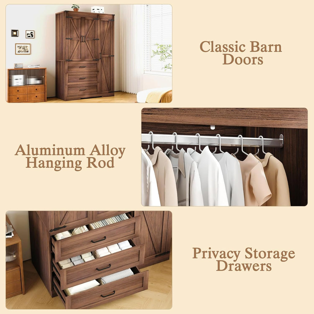 70" Tall Wardrobe Closet with 3 Doors & 3 Drawers, Farmhouse Armoire with Hanging Rod, Wooden Armoire Wardrobe Closet for Bedroom, Freestanding Clothing Storage Cabinet, Brown