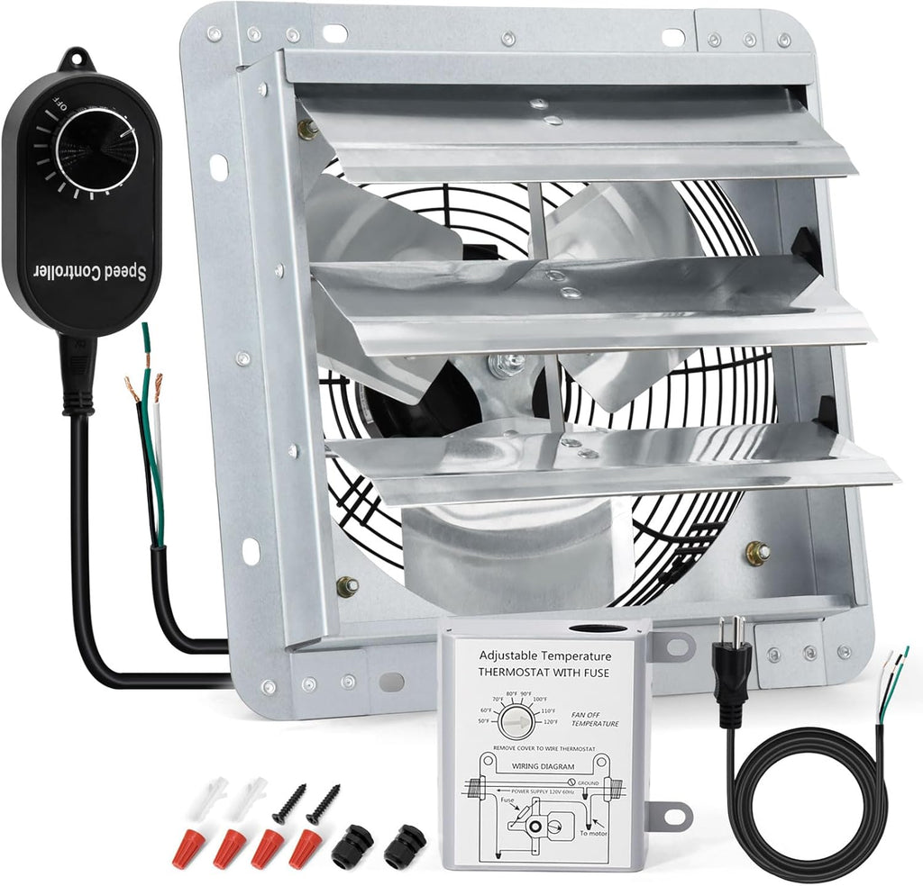 Criditpid 12 Inch Shutter Exhaust Fan, 970 CFM Wall Mounted Fan, Attic Vent Fan with Speed Controller and Thermostat for Greenhouse, Garages, Warehouse, Shed, Basement, Chicken Coops Ventilation.