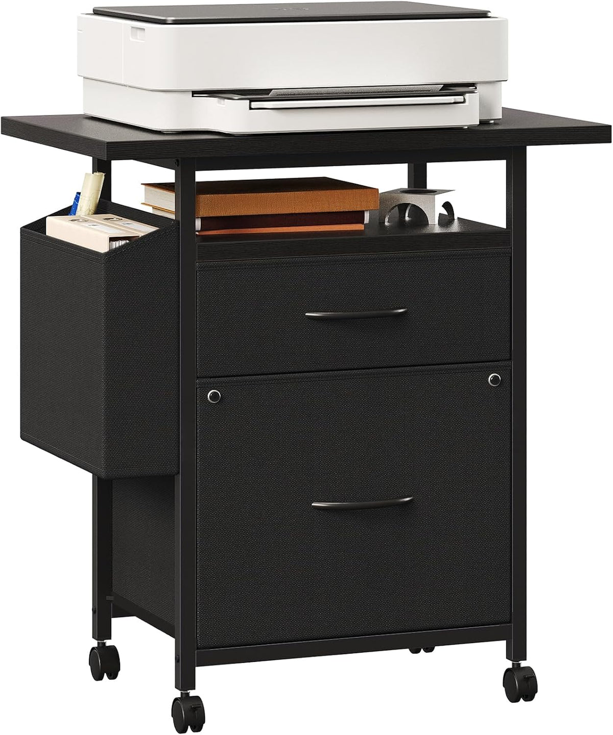 Simple Deluxe 2 Drawer File Cabinet with 24" Extended Desktop, Mobile Filing Cabinet, Rolling File Cabinet with Side Bag, Fabric Drawer, Fits A4/Letter Size, Printer Stand Home Office, Black