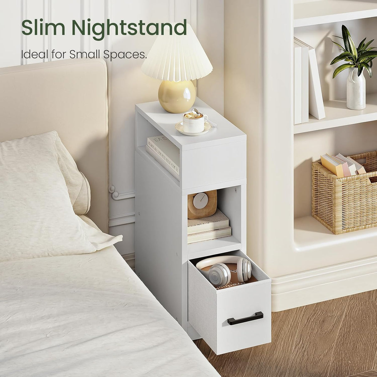 CHOEZON Narrow Side Table, 7.9" Small Nightstand with Drawer, Skinny Bedside Table, for Small Spaces, Flexible Open Compartment, for Bedroom, Living Room, White MBZ11WB