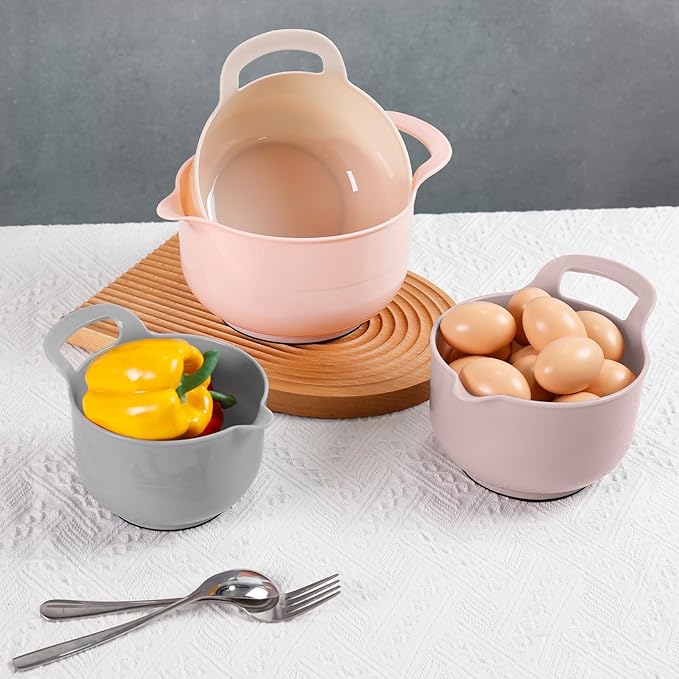 BoxedHome Nesting Plastic Mixing Bowl Set with Pour Spouts and Handles - Non Slip Bottom, BPA free Microwave & Dishwasher Safe(Khaki Pink, 4 Pack)