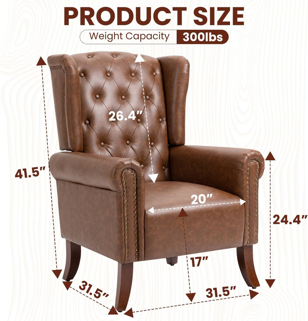 Faux Leather Accent Chair, Mid-Century Armchair Upholstered Club Sofa Chair with Wooden Legs, High Back Living Room Chair for Bedroom, Office, Lounge (Brown)