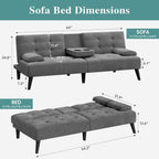 64" Futon Sofa Bed, Convertible Loveseat with 2 Cup Holders, Small Couch with 3 Adjustable Angles & Armrests, Sleeper Sofa for Small Space, Dark Grey