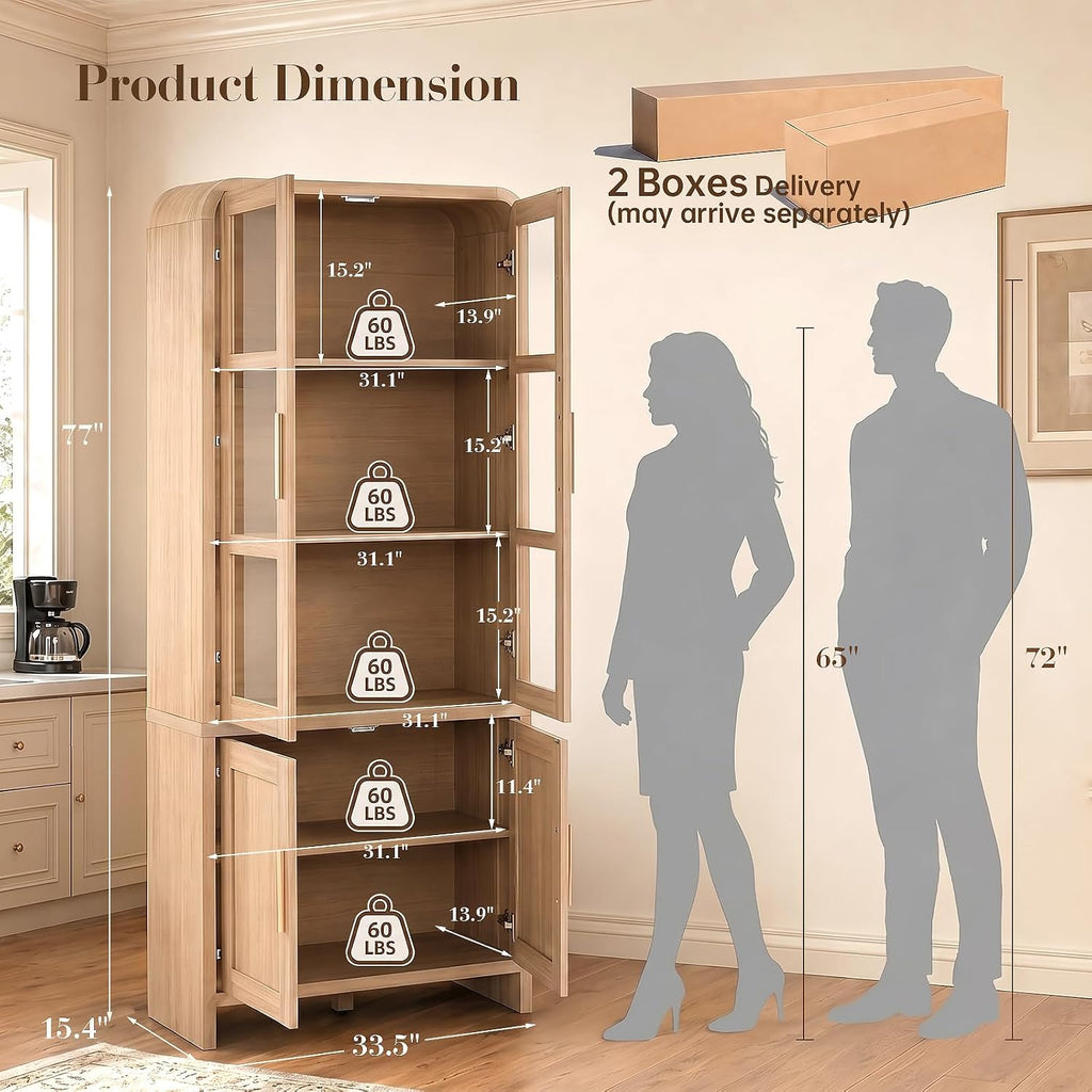 77" Tall Kitchen Pantry Cabinet,Thickened Panel,Oak,1Pcs | Wooden Curved Storage Cabinets with Adjustable Shelf, Cupboard with Glass Door for Dining Room, Living Room, Bathroom