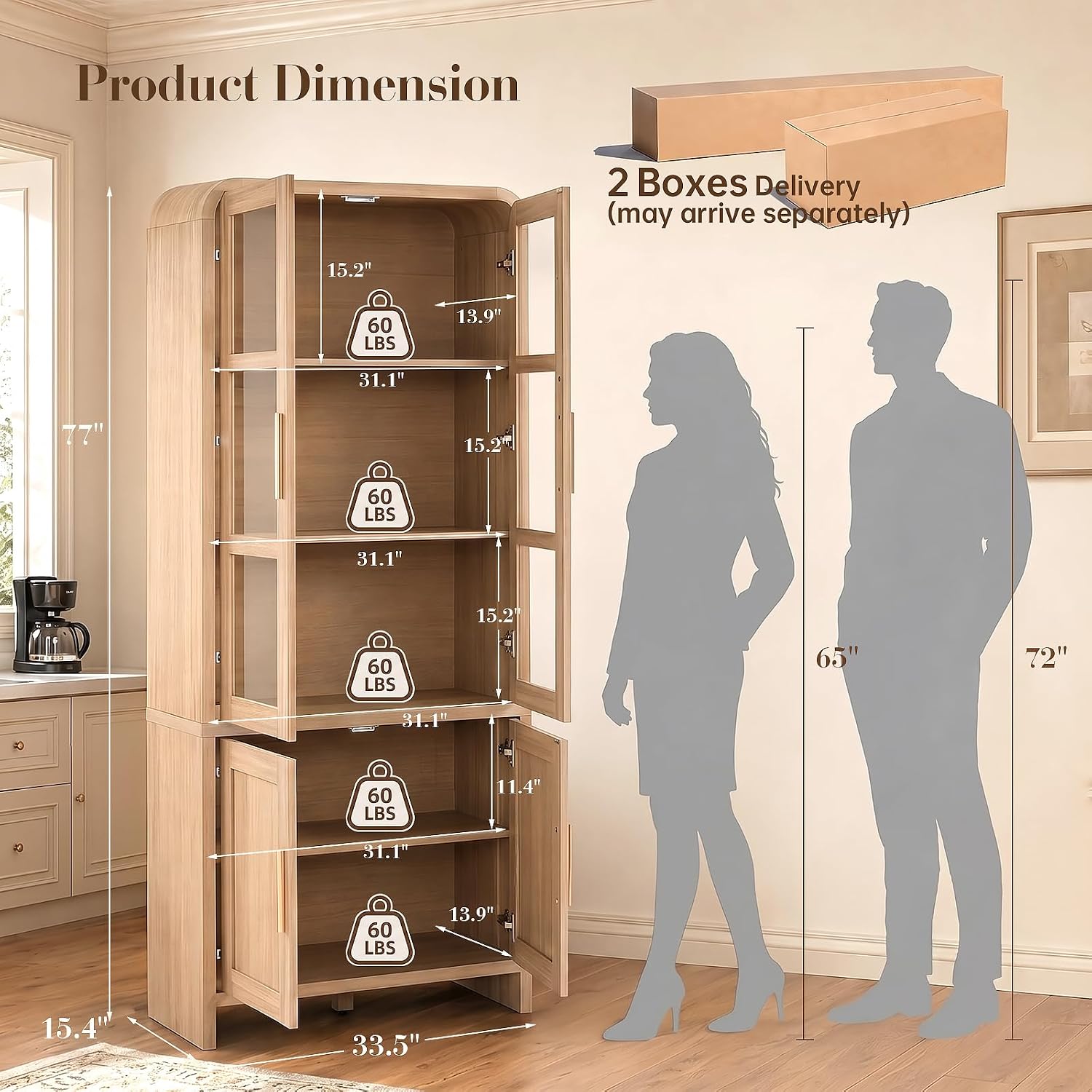 77" Tall Kitchen Pantry Cabinet,Thickened Panel,Oak,1Pcs | Wooden Curved Storage Cabinets with Adjustable Shelf, Cupboard with Glass Door for Dining Room, Living Room, Bathroom