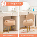 Vanity Stool Chair with Storage and Folding Back, Round Ottoman, Multifunctional Upholstered Makeup Chair, 4 Metal Legs with Anti-Slip Feet for Bedroom Living Room Entryway