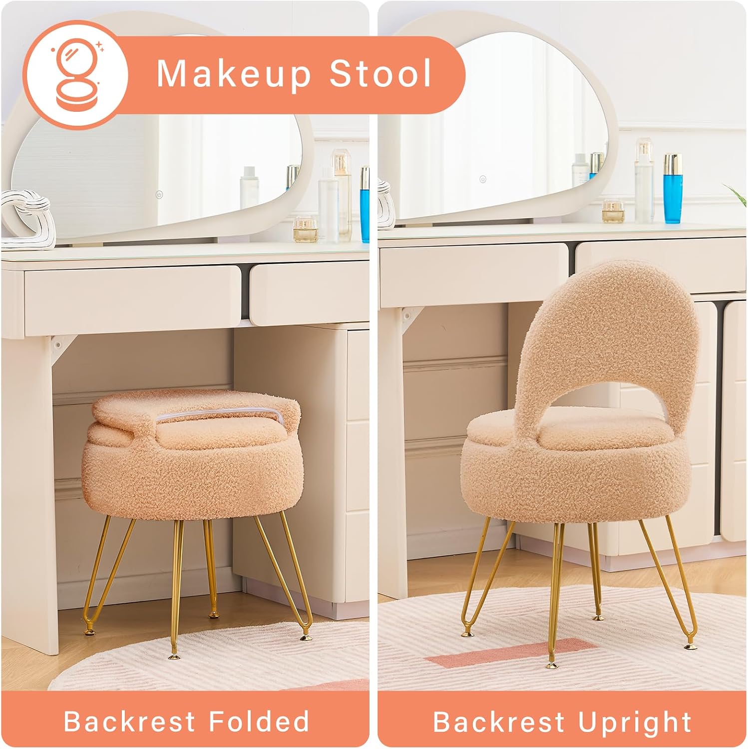 Vanity Stool Chair with Storage and Folding Back, Round Ottoman, Multifunctional Upholstered Makeup Chair, 4 Metal Legs with Anti-Slip Feet for Bedroom Living Room Entryway